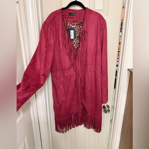 Sterling Kreek Fringed Suede Jacket in Wine w/Leopard lining